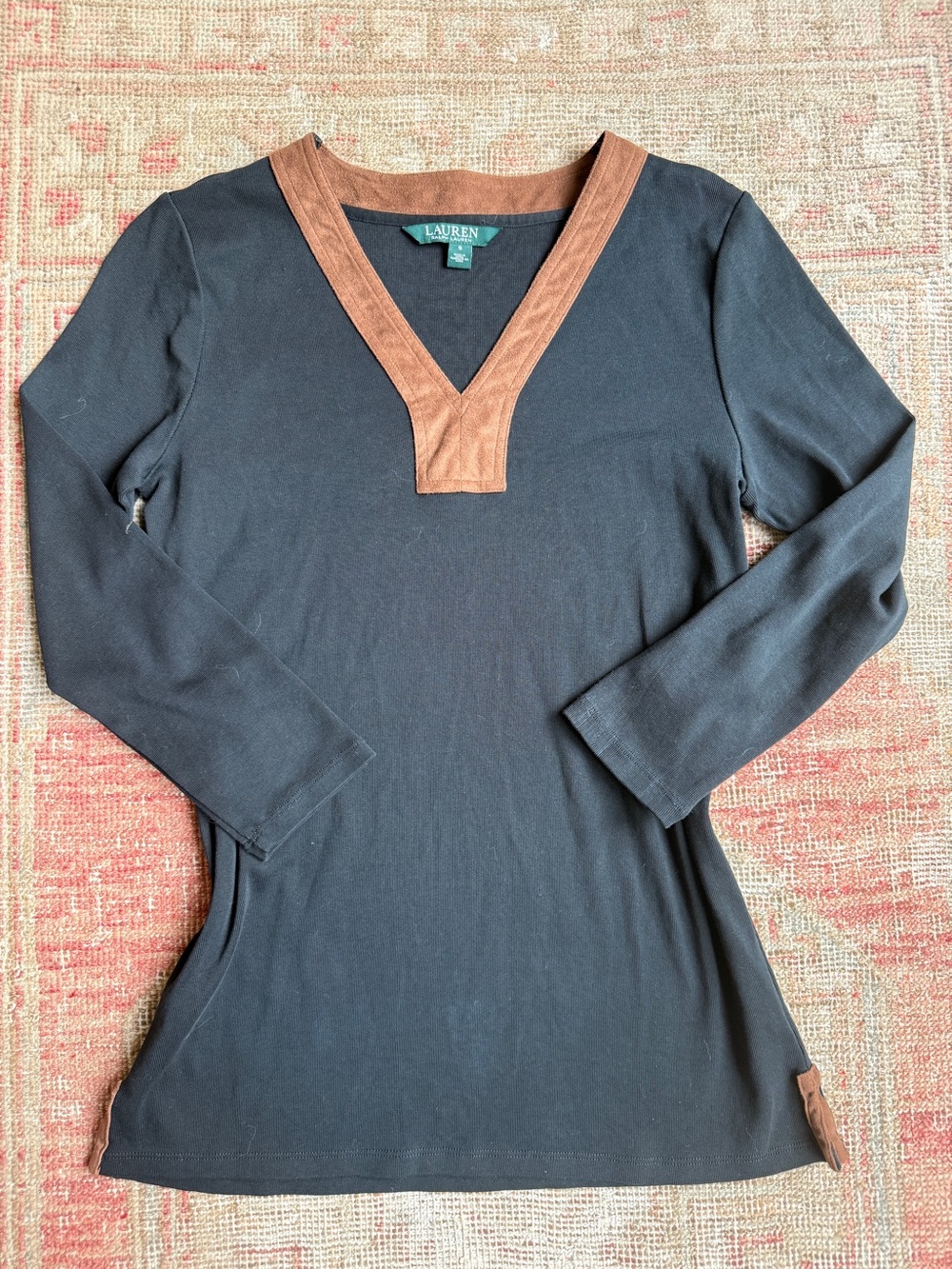 Lauren Ralph Lauren Black Long-Sleeve V-Neck Top with Brown Trim